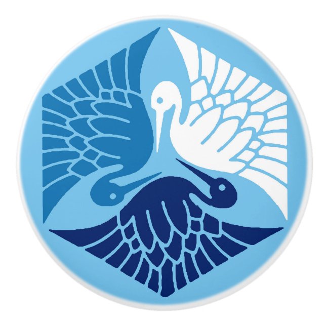 Pomo De Cerámica Grullas japonesas, marina, blanco y azul claro (Anverso)
