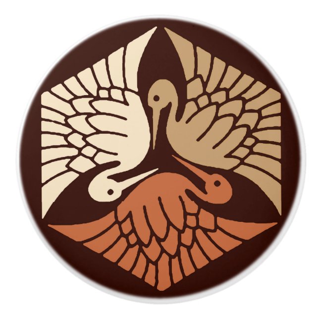 Pomo De Cerámica Grullas japonesas, Tan, Rust y Chocolate Brown (Anverso)