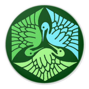 Pomo De Cerámica Grullas japonesas, verde jade y azul claro