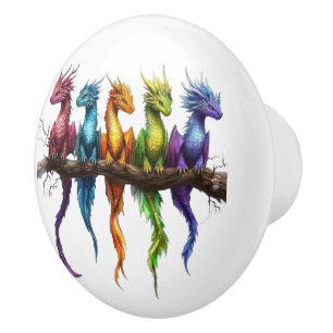 Pomo De Cerámica Grupo de arcoíris de dragones bebés en