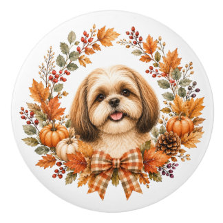 Pomo De Cerámica Guirnalda de otoño Shih Tzu