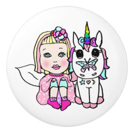 Pomo De Cerámica Hadas rosas y unicornio