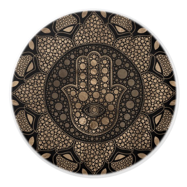 Pomo De Cerámica Hamsa Mano-Mano de Fatima en Lotus mandala (Anverso)
