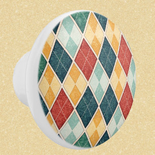Pomo De Cerámica Harlequin Vintage Gold Red Argyle