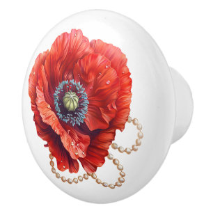Pomo De Cerámica Hermosa amapola roja con perlas