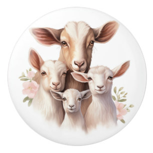 Pomo De Cerámica Hermosa familia de cabras