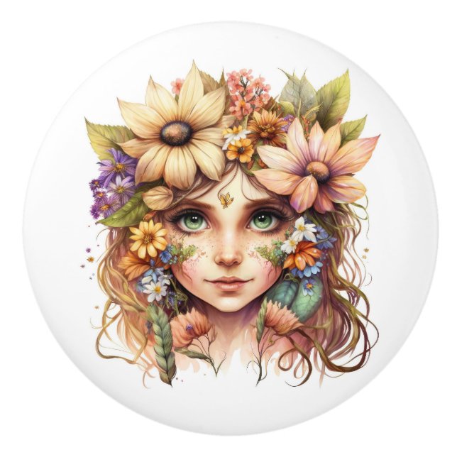 Pomo De Cerámica Hermosa serie Fantasy Floral Fairies (Anverso)