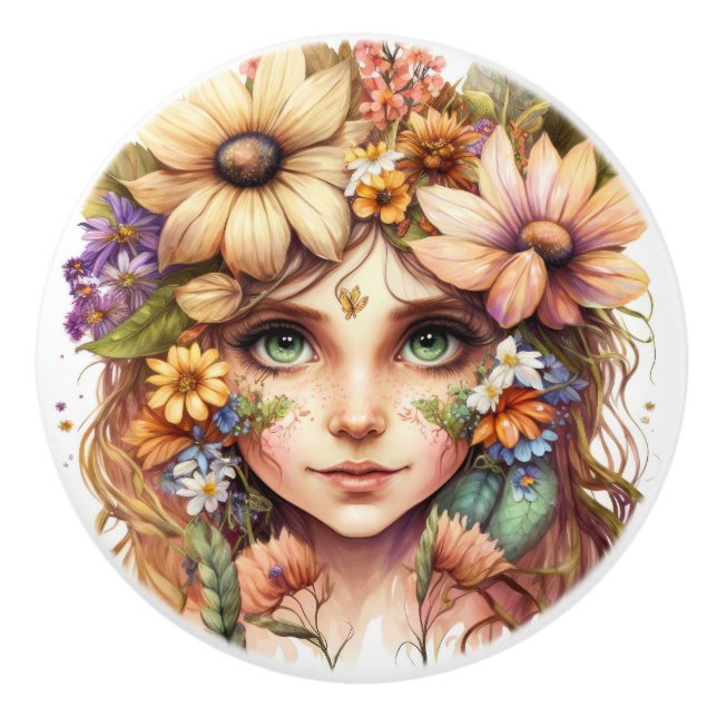 Pomo De Cerámica Hermosa serie Fantasy Floral Fairies (Anverso)
