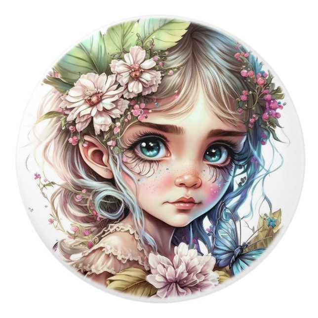 Pomo De Cerámica Hermosa serie Fantasy Flower Fairy Fairies (Anverso)