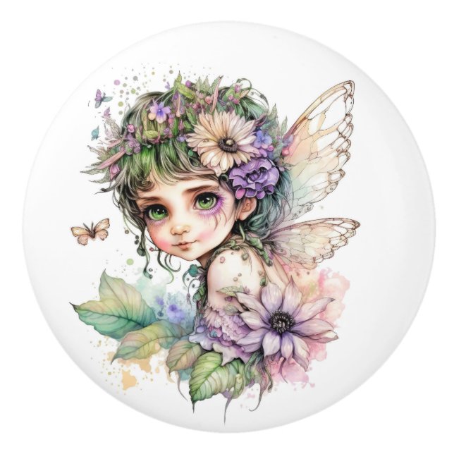 Pomo De Cerámica Hermosa serie Fantasy Flower Fairy Fairies (Anverso)