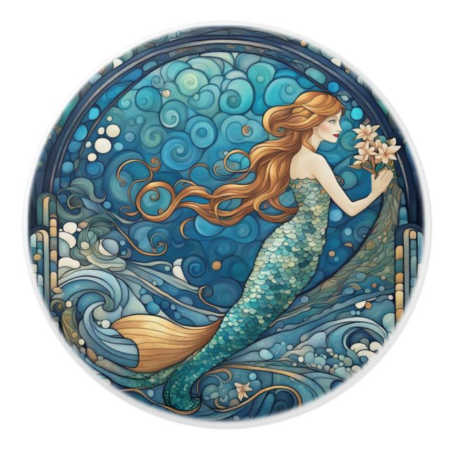 Pomo De Cerámica Hermosa Sirena Art Nouveau Art Decó Estilo Azul (Anverso)