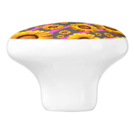 Pomo De Cerámica Hermosas flores amarillas sobre rayas grises y ros