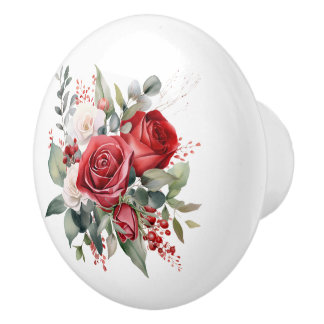 Pomo De Cerámica Hermosas flores de Rosas rojos y blancos