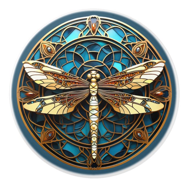 Pomo De Cerámica Hermoso Art Decó Dragonfly Gems Turquoise Gold (Anverso)