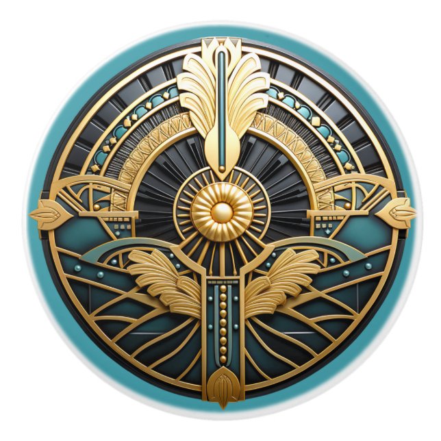 Pomo De Cerámica Hermoso Art Deco Elegante Oro Turquesa (Anverso)