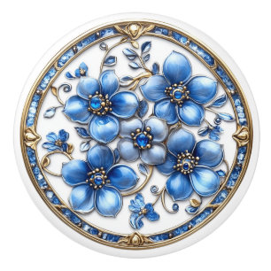 Pomo De Cerámica Hermoso esmalte metálico azul Flores Gemas de oro