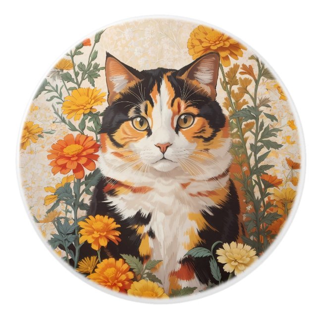 Pomo De Cerámica Hermoso Gato Calico Con Flores Marigold (Anverso)