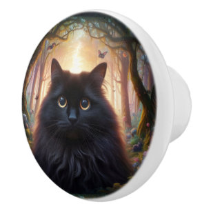 Pomo De Cerámica Hermoso Gato Negro Fluffy con Ojos de Oro