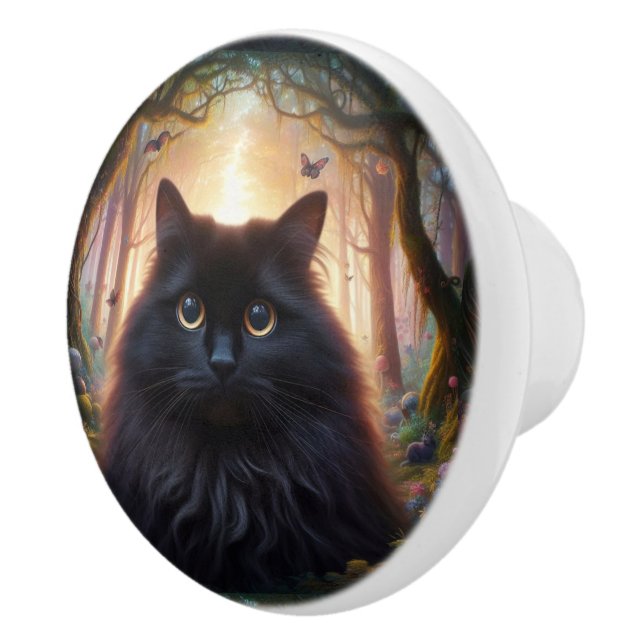 Pomo De Cerámica Hermoso Gato Negro Fluffy con Ojos de Oro (Derecha)