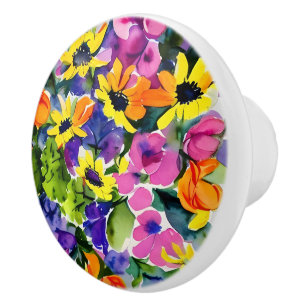 Pomo De Cerámica Hermoso patrón floral, amarillo brillante y rosa,