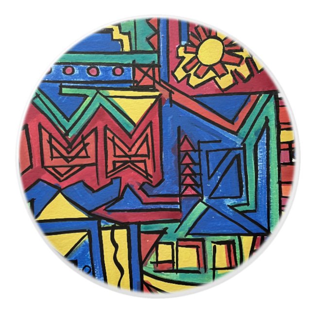 Pomo De Cerámica High Noon-Whimsical Hand Painted Modern Art (Anverso)