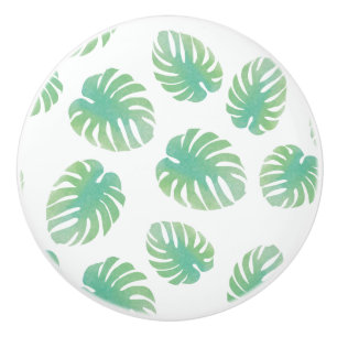 Pomo De Cerámica Hojas de Monstera Tropicales Acuarela Verde