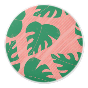 Pomo De Cerámica Hojas de Monstera Verdes Tropicales Grunge