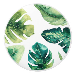 Pomo De Cerámica Hojas Tropicales Verdes Paraíso Blanco de Verano