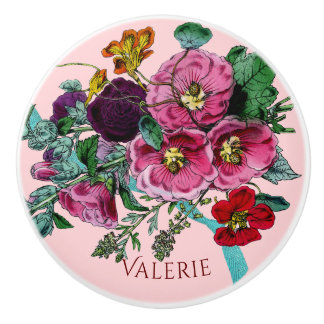 Pomo De Cerámica Hollyhocks rosa de Bonito de época