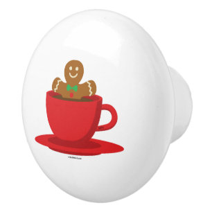 Pomo De Cerámica Hombre de Pan de Jengibre Relajándose En Taza Roja