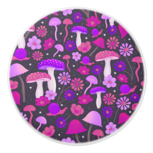 Pomo De Cerámica Hongos Trippy Psicodélico Púrpura, Rosa y Negro