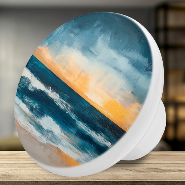 Pomo De Cerámica Horizonte dorado - Costa abstracta (Ceramic Knob - Abstract Artsy Painted Coastal Water and Golden Horizon - Accent for Any Room)