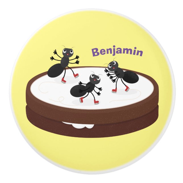 Pomo De Cerámica Hormigas felices patinando hielo en personalizado  (Anverso)