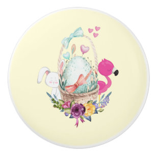 Pomo De Cerámica Huevo dulce, flamencos rosados y conejito, acuarel