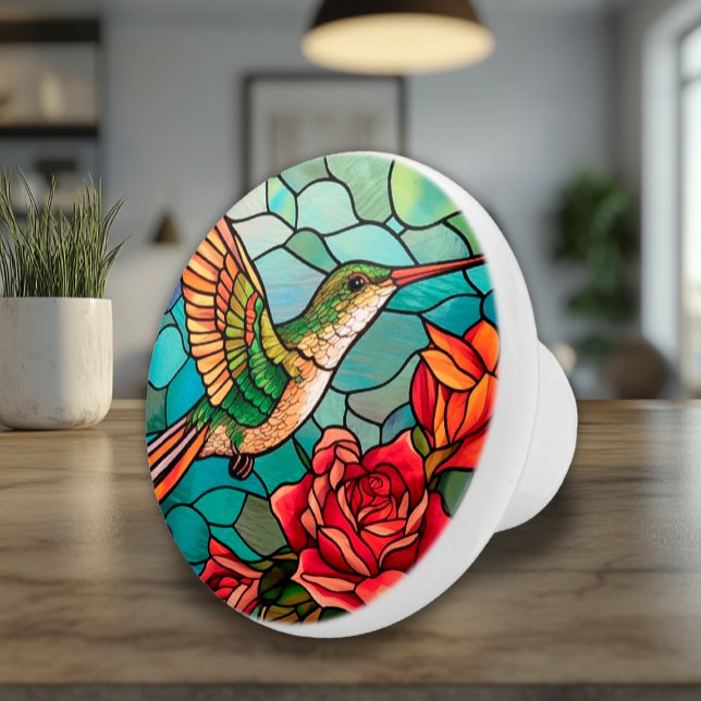 Pomo De Cerámica Hummingbird Floral (Ceramic Knob Accent with Stained Glass Style Colorful Hummingbird and Roses)
