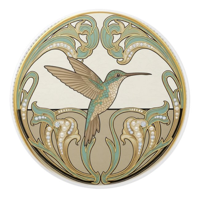 Pomo De Cerámica Hummingbird Sage Green & Gold Art Deco Nouveau (Anverso)