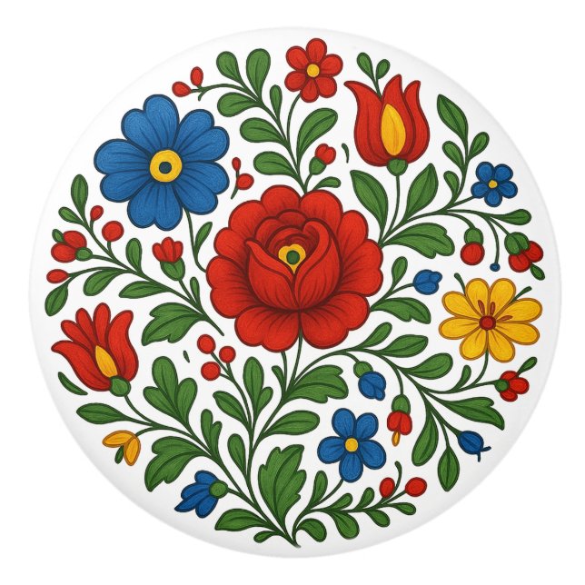 Pomo De Cerámica Hungarian Kalocsa Floral Folk Art Ceramic Knob (Anverso)