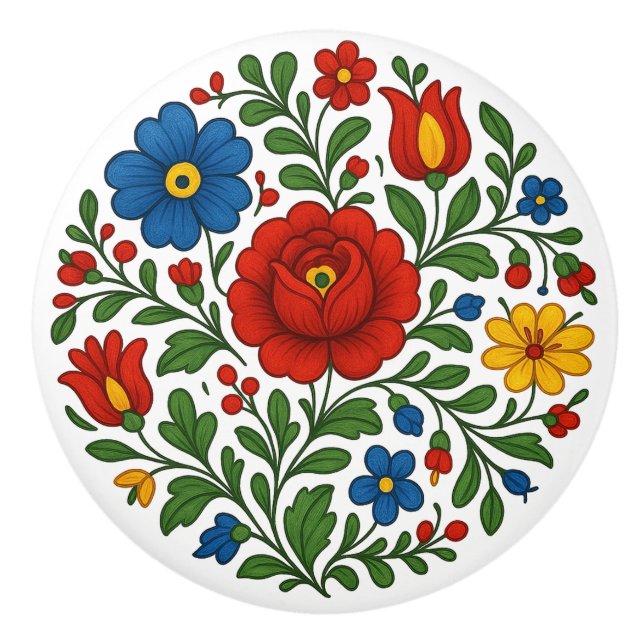 Pomo De Cerámica Hungarian Kalocsa Floral Folk Art Ceramic Knob (Anverso)