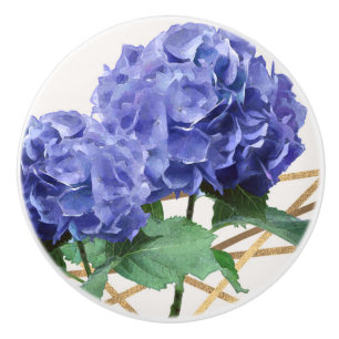 Pomo De Cerámica Hydrangea Azul púrpura y florido elegante dorado