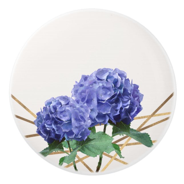 Pomo De Cerámica Hydrangea Azul púrpura y florido elegante dorado (Anverso)