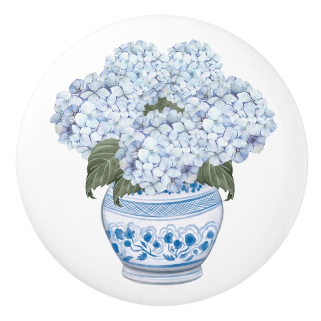 Pomo De Cerámica Hydrangea Chinoiserie Flor azul Bloom (Anverso)