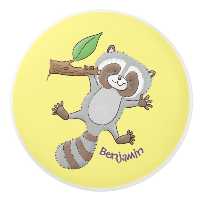 Pomo De Cerámica Ilustracion de bebé de raccoon feliz lindo (Anverso)