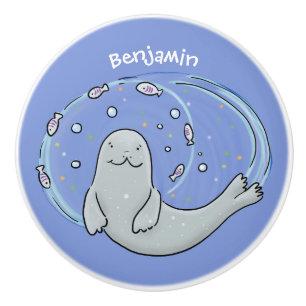 Pomo De Cerámica Ilustracion de foca feliz y personalizado azul de