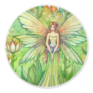 Pomo De Cerámica Ilustración de hada de flor de jardín verde
