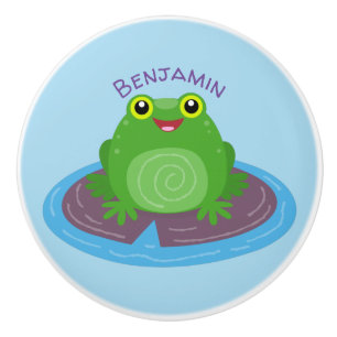 Pomo De Cerámica Ilustracion de personalizado de rana verde alegre