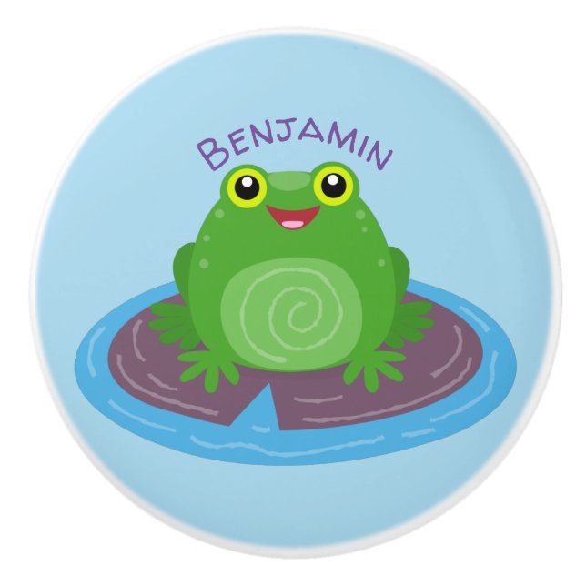 Pomo De Cerámica Ilustracion de personalizado de rana verde alegre (Anverso)