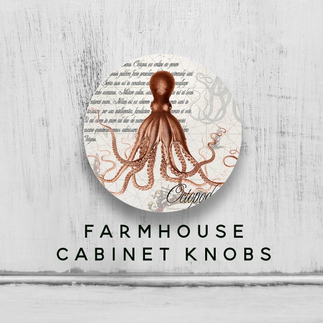 Pomo De Cerámica Ilustracion de pulpo rojo de cosecha manual (Hand-Drawn Vintage Red Octopus Illustration Ceramic Knob)