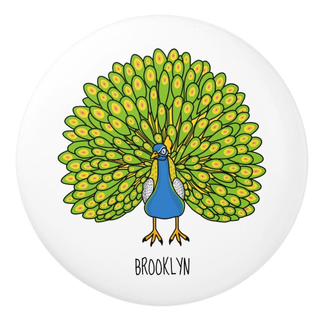 Pomo De Cerámica Ilustración divertida de pavo real brillante (Anverso)