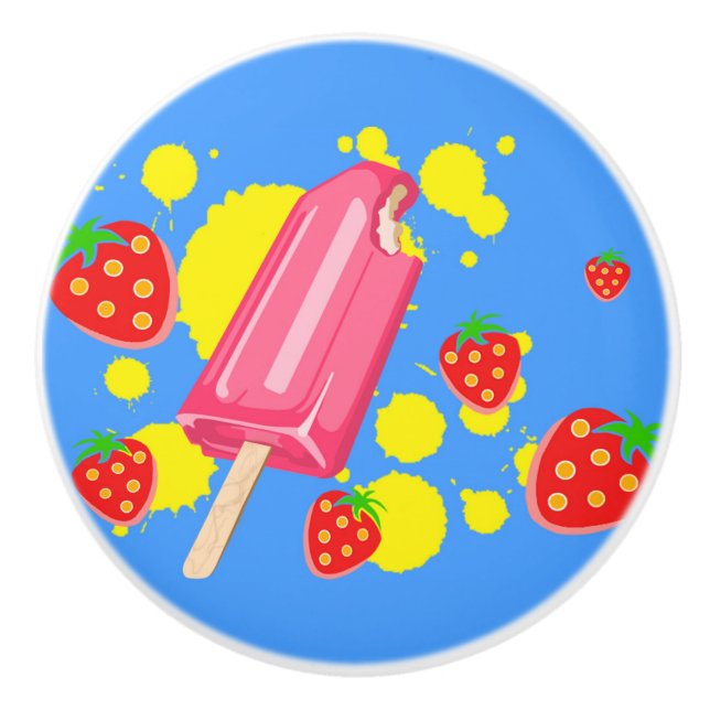 Pomo De Cerámica Ilustracion Fun Popsicle Rosa y Strawberries (Anverso)
