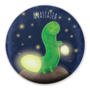 Pomo De Cerámica Ilustracion personalizado de gusano de brillo verd